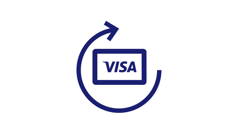 Illustration of a Visa card surrounded by a partial circular arrow.