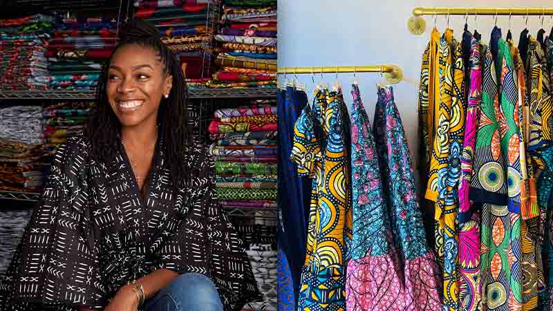 Love Iguehi founder Iguehi James alongside bold African prints