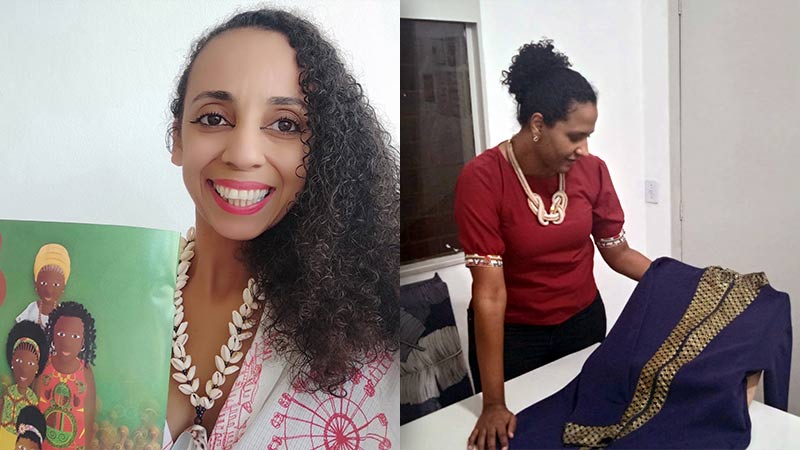 Brazilian entrepreneurs show off their work. Left, Kalypso Brito shares images from her children's book, Right, Alyne Jobim shows off her Afrocentric lab coat 