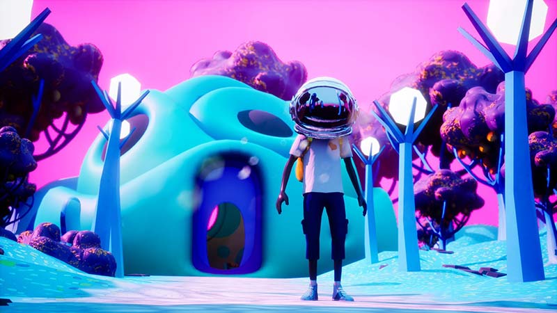 Aku, Micah Johnson's NFT character, wearing a space helmet, exploring a pink and blue futuristic world