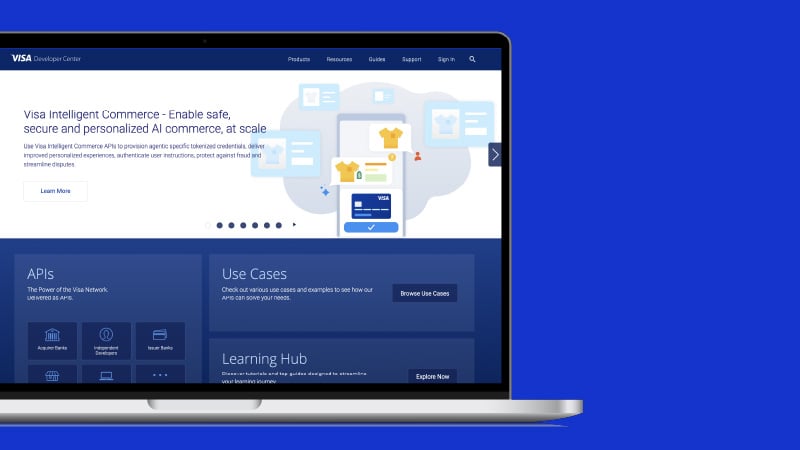 Laptop showing Visa Developer Center screen.