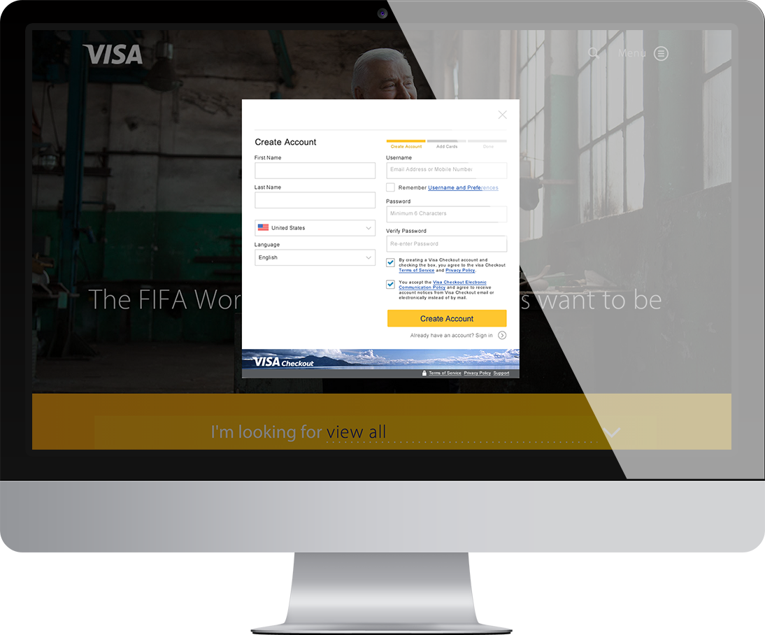 visa-checkout_imac A computer monitor displaying a Visa Checkout enrollment form.