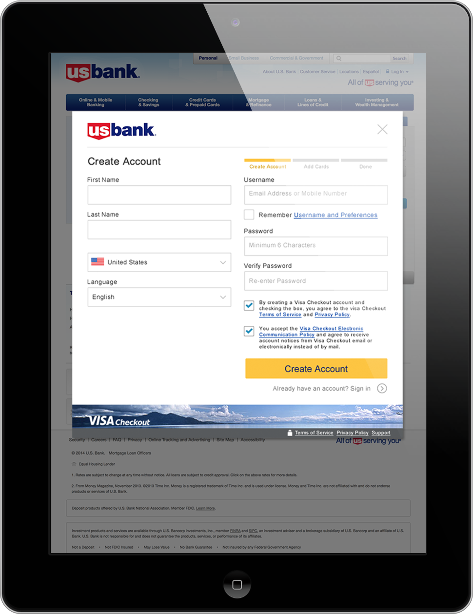 A tablet displaying a Visa Checkout enrollment form on the U.S. Bank website. A tablet displaying a Visa Checkout enrollment form on the U.S. Bank website.