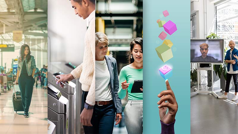 5 images: woman rolling suitcase through airport, man tapping card on transit terminal, two women together looking at tablet screen, a hand pointing upward with blocks emanating from fingertips, a hybrid virtual/in-person meeting