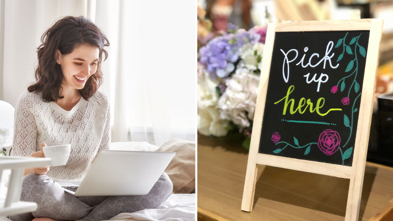 Diptych with woman looking at computer on left and sign that says pick up here on left