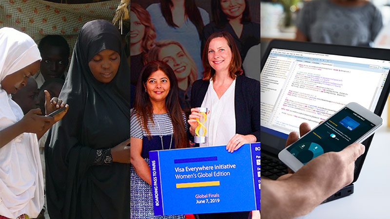 Triptych with women looking at phones on left, women holding big ticket in middle and developer working on computer at right