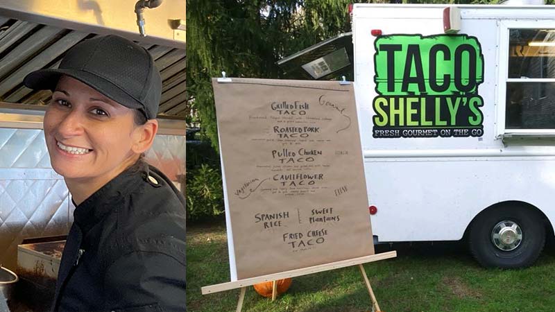 Photo of owner of Taco Shelly's alongside menu for her taco truck
