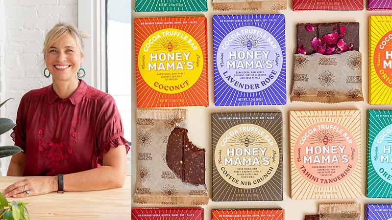 Woman smiling on left side, Honey Mama’s Cocoa Truffle Bar in Coconut, Lavender Rose, Coffee Nib Crunch and Tahini Tangerine bars on right side.