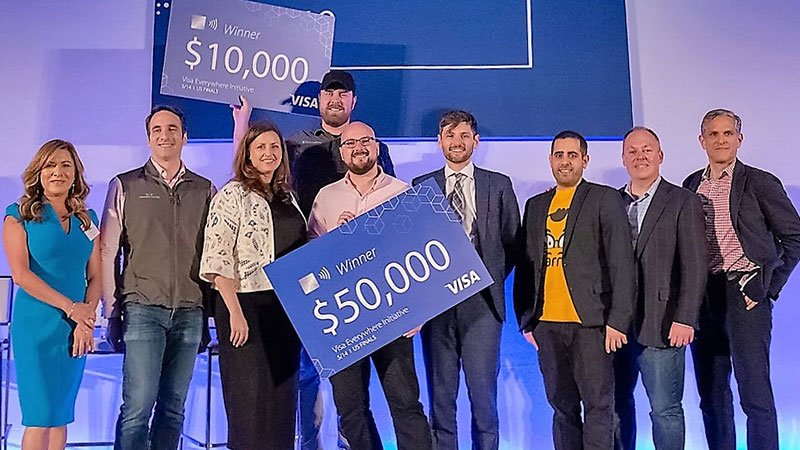 Visa leaders and winners from the 2019 Visa Everywhere Initiative pose at the conclusion of the competition.
