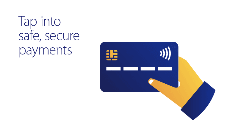 Image shows hand and card and invites to tap into safe secure payments