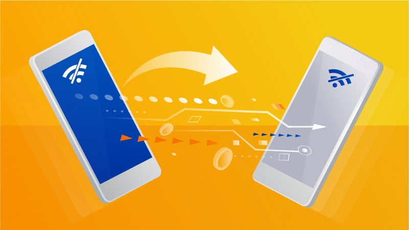 Two mobile devices appear as illustrations with data being transferred between them in an offline setting