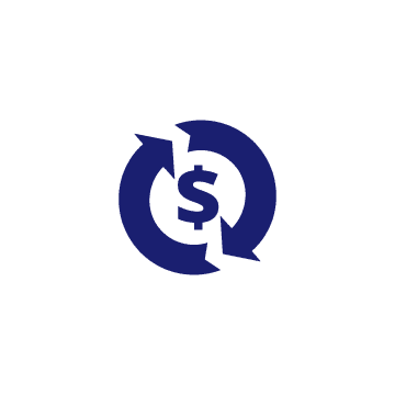 Icon of a money sign in the middle of two arrows making a circle pointing at each other Icon of a money sign in the middle of two arrows making a circle pointing at each other
