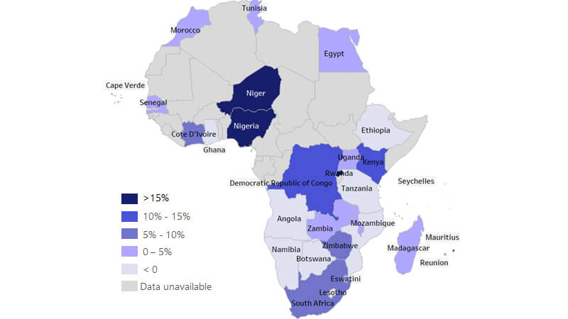 Illustration of a color coded heat map of Africa detailing card not present retail trade. See image description.
