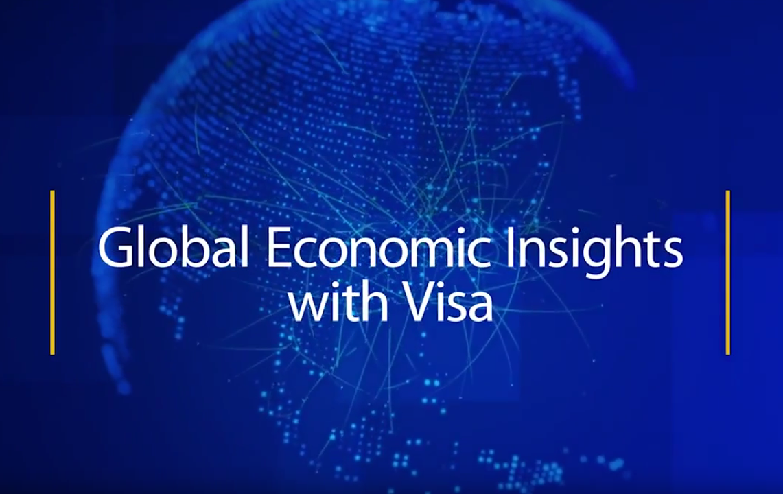 Blue illustration of a planet overlaid with the title Global Economic Insights with Visa.