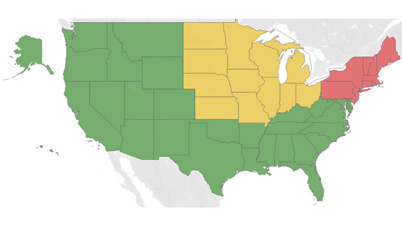 A heat map of the United States showing states in green shading for an expected recovery in the second quarter of this year. See image description.