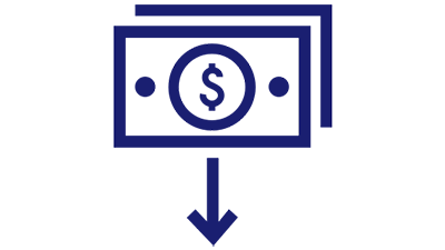 Illustration of dollar symbol in a circle enclosed in a rectangular shape with 2 blue dots and a downward arrow symbol below the rectangle. Illustration of dollar symbol in a circle enclosed in a rectangular shape with 2 blue dots and a downward arrow symbol below the rectangle.