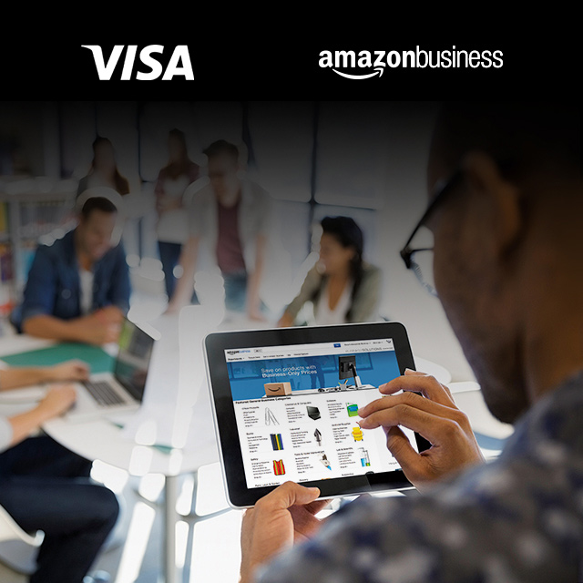 Composite: Visa and Amazon Business logos and a man looking at the Amazon Business website on a tablet.