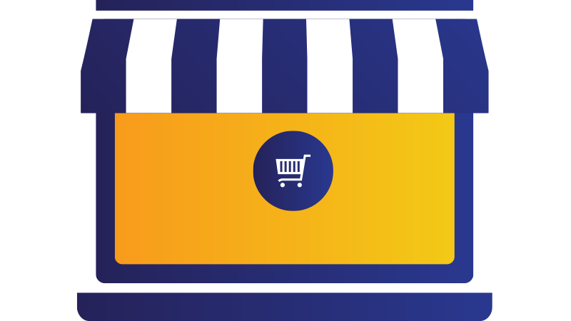 Illustration: Small business store with shopping cart image in front window. Illustration: Small business store with shopping cart image in front window.