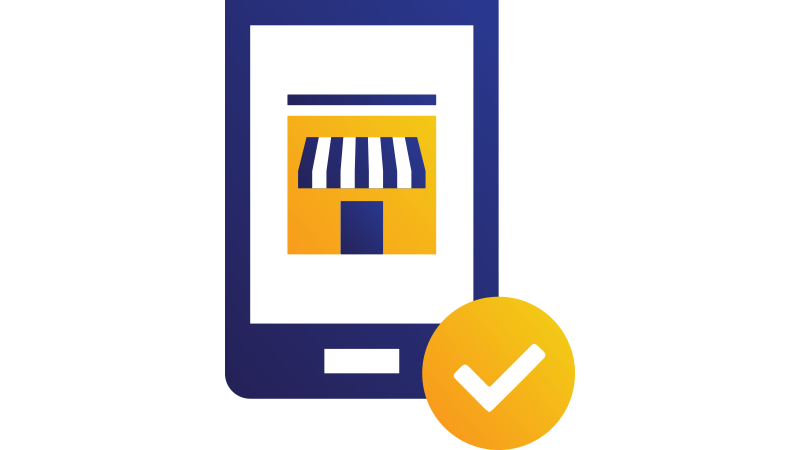 Illustration: tablet displaying small business store with checkmark. Illustration: tablet displaying small business store with checkmark.