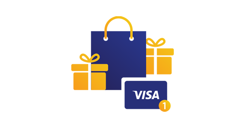 Illustration: Shopping bag, wrapped gifts and Visa card. Illustration: Shopping bag, wrapped gifts and Visa card.
