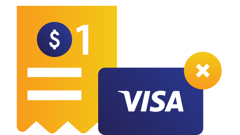 Illustration: Visa card with X in corner superimposed over a sales receipt for one dollar. Illustration: Visa card with X in corner superimposed over a sales receipt for one dollar.