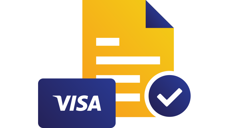 Illustration: Visa card overlapping paper page with checkmark at bottom. Illustration: Visa card overlapping paper page with checkmark at bottom.