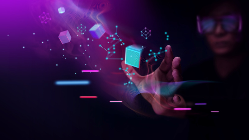 Metaverse and Blockchain Technology Concepts. Person with Glasses try to Touching Object for Experiences of Metaverse Virtual World. Futuristic Tone