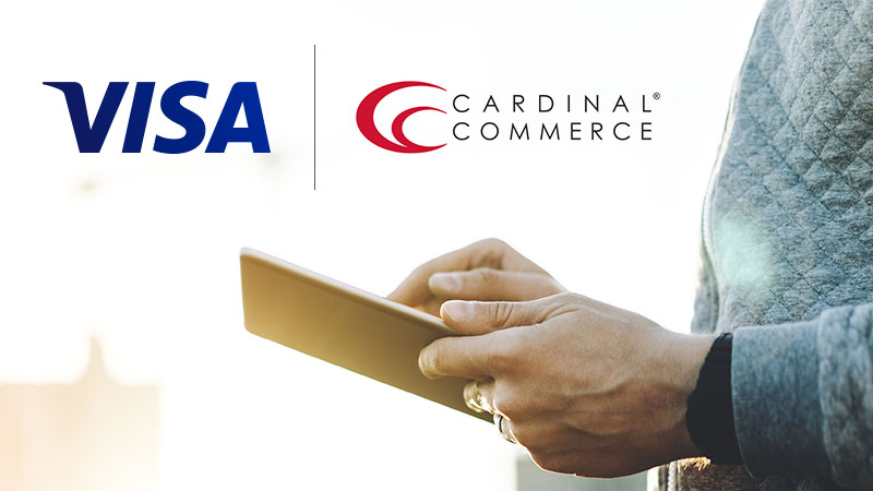 Visa Cardinal Commerce logo and woman using tablet.