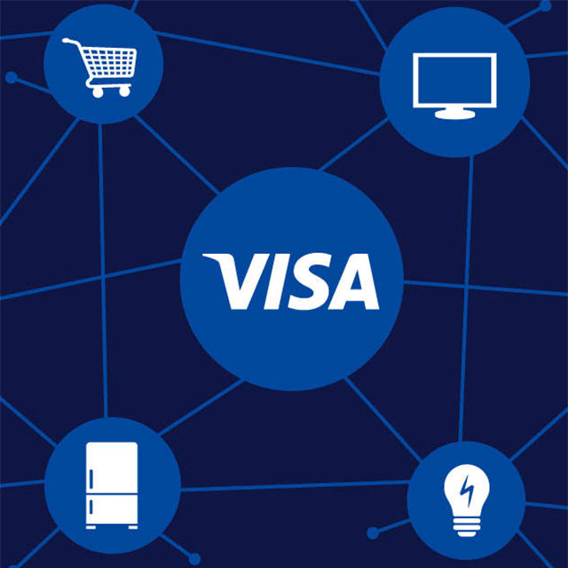 Illustration showing how Visa is connected to the Internet of Things with lines connecting to a shopping cart, television, fridge, and lightbulb. 