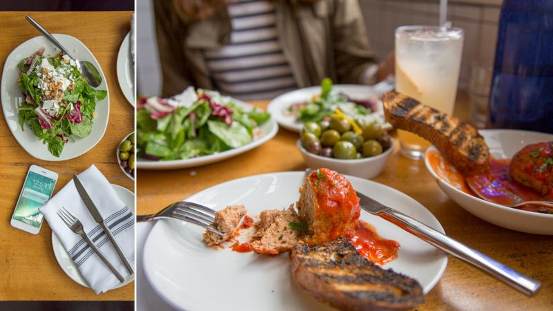 Composite: two views of a fancy meal at a restaurant. Composite: two views of a fancy meal at a restaurant.