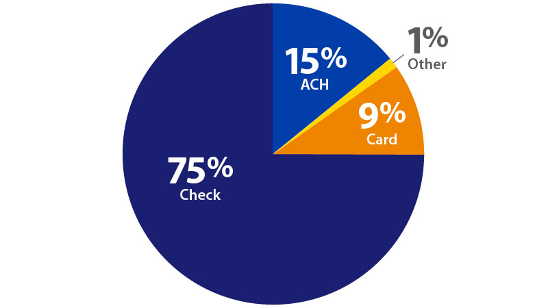 small-business-credit-marketing-pie-chart-800x450 Pie graph showing 75 percent check,15 percent ACH,9 percent card, 1 percent other.