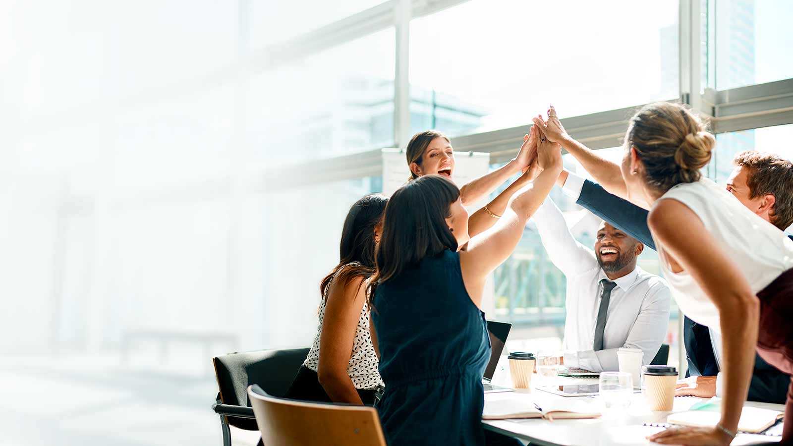 An excited group of people high five each other at a conference table.