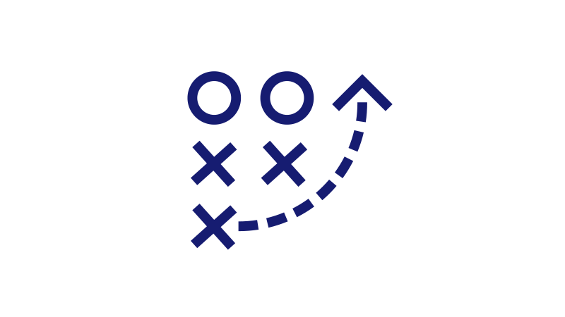 Illustration of a presentation board showing three X's, two O's, and a dotted line arrow curving right and up.