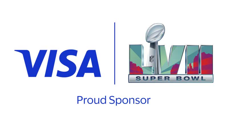 Visa and Super Bowl LVII logos. Proud Sponsor.