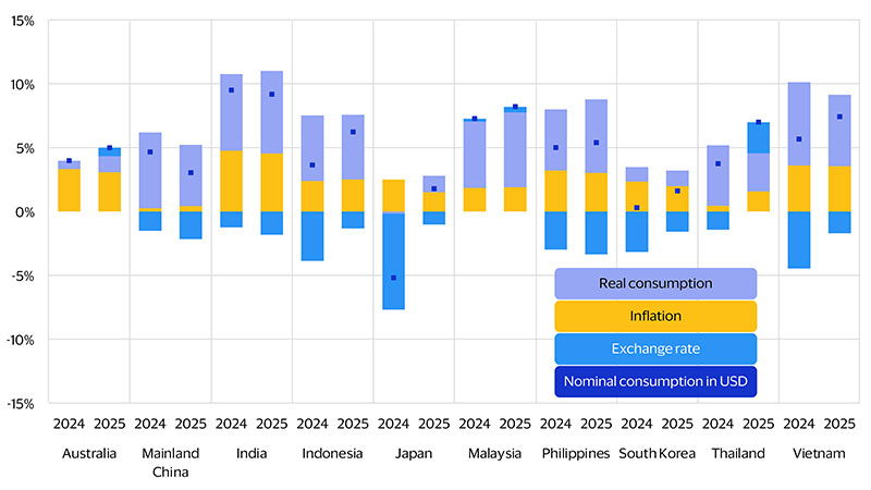 Places like Vietnam and India are expected to have robust local-currency spending. See image description for details.