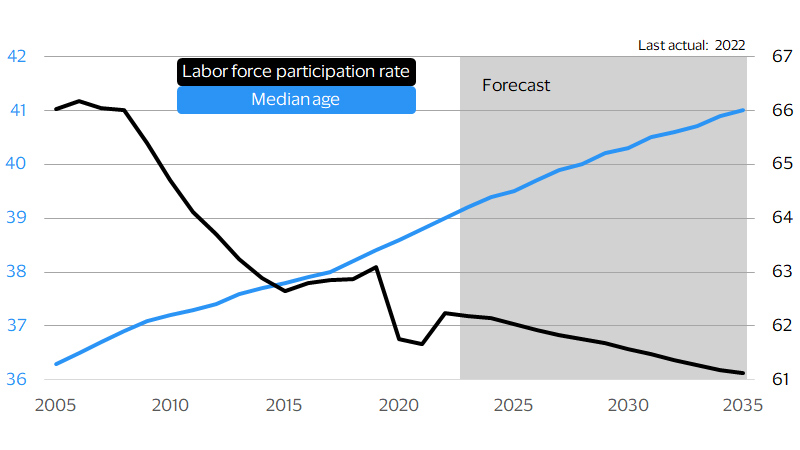 Older age groups have lower rates of labor force participation chart. See image description for details.