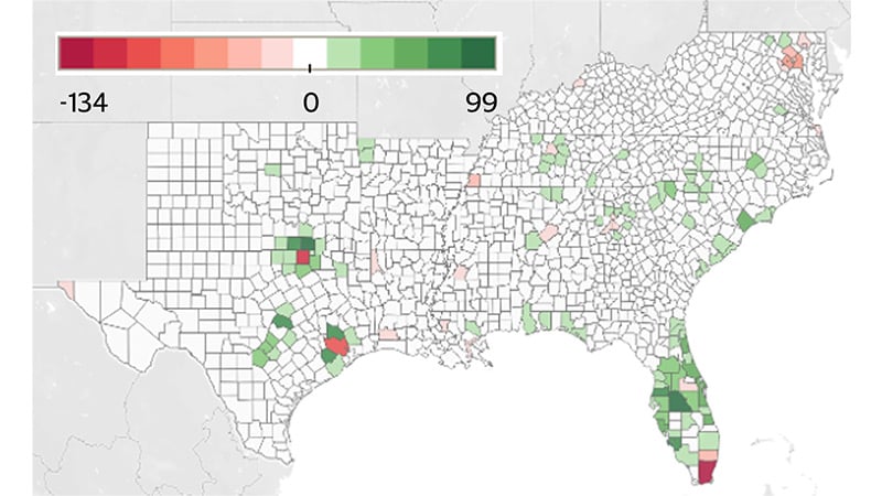 The South is the only region benefiting from domestic migration map. See image description for details.