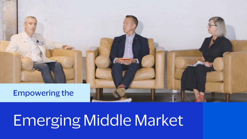Empowering the Emerging Middle Market, showing Edward Galvin, Doug Farren, and Megan Seitchik from the video.