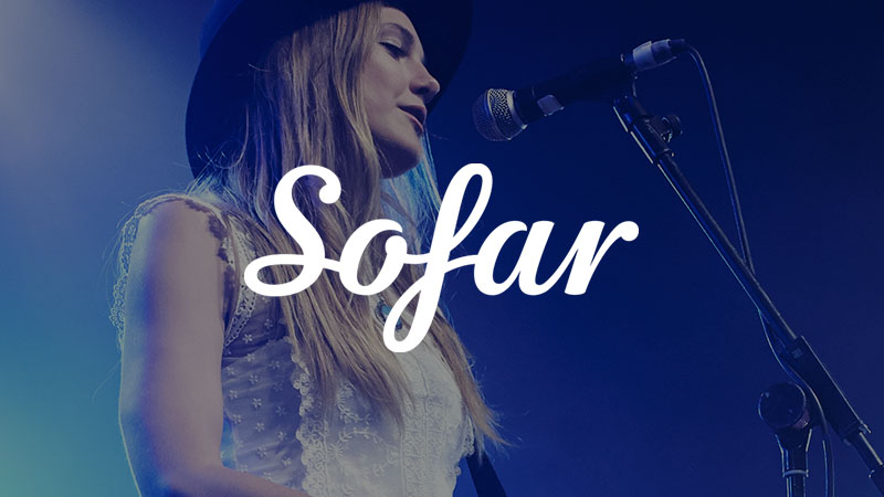 Performer singing in mic with Sofar logo superimposed on it.