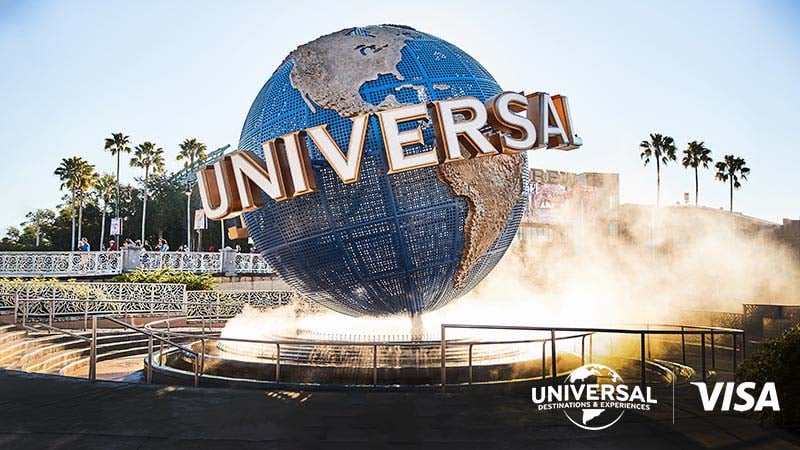 Universal globe with Universal and Visa logos.