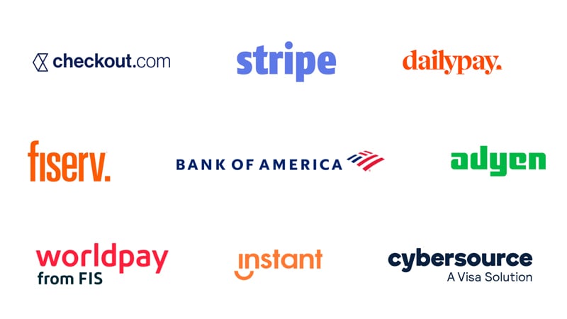 Logos for checkout.com, stripe, dailypay, fiserv., Bank of America, adyen, worldpay from FIS, instant and cybersource, a Visa Solution.