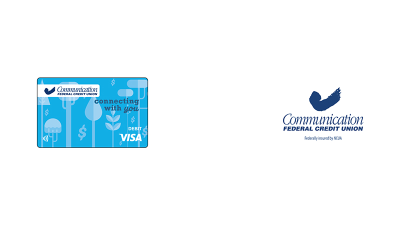 Communication Federal Credit Union logo and debit card, with tap-to-pay indicator and the Visa logo.