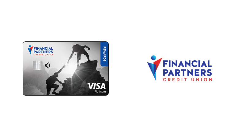 Financial Partners Credit Union logo and Platinum Rewards card, with chip-enabled indicator and the Visa logo.