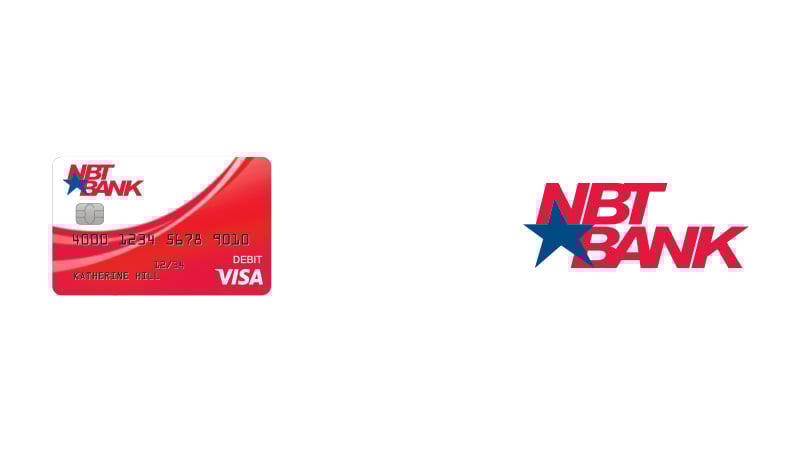 NBT Bank logo and debit card, with chip-enabled indicator and the Visa logo.