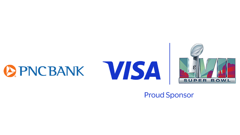 PNC Bank and Visa LVII Super Bowl Proud Sponsor logos.