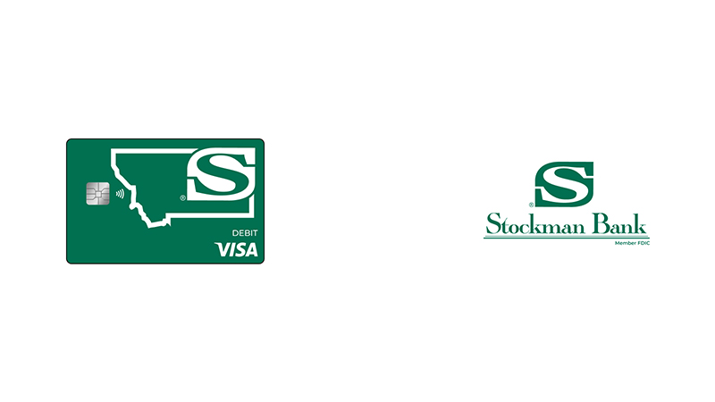 Stockman Bank logo and debit card, with chip-enabled indicator and the Visa logo.