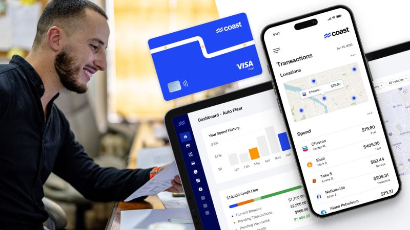 Phone, tablet screens showing Coast capabilities and a fleet credit card with Coast and Visa logos.