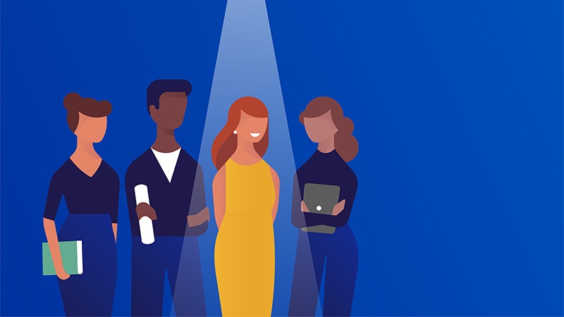 Illustration of a group of people with a spotlight on one woman in a yellow dress.