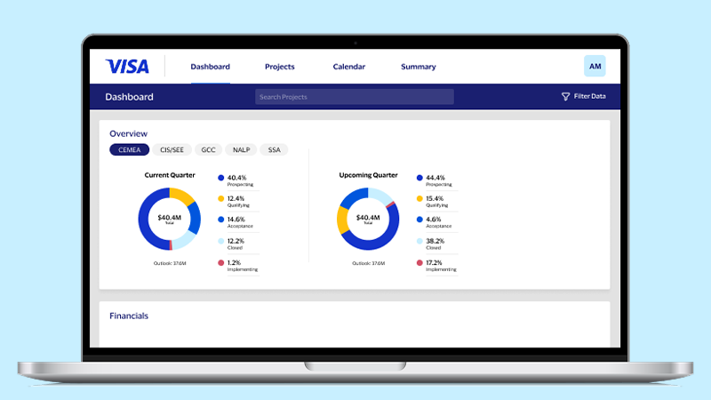 Visa-branded laptop screen showing budget analysis across multiple quarters.