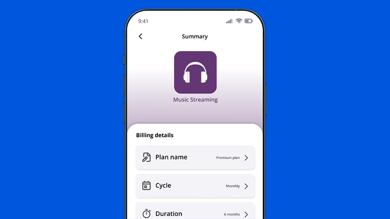A phone screen displaying the billing details for a music streaming service.